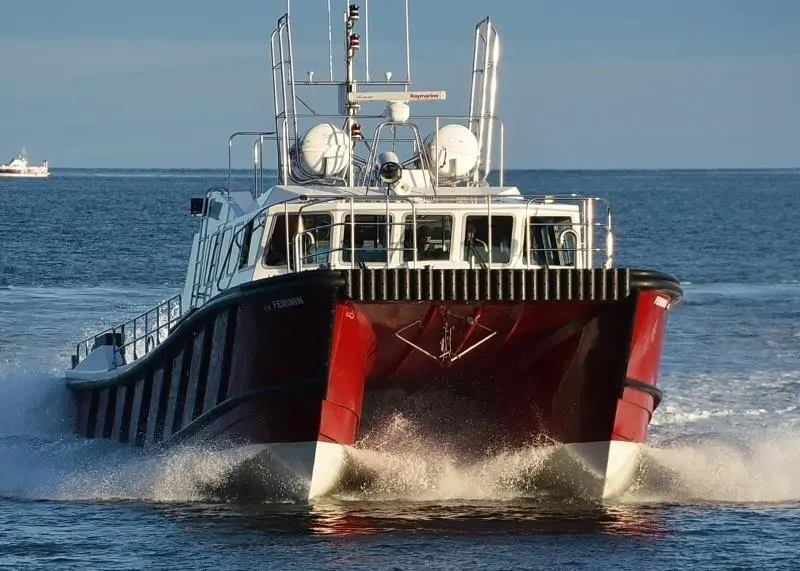 The vessel can undertake forward transfers via a heavily fendered reinforced bow