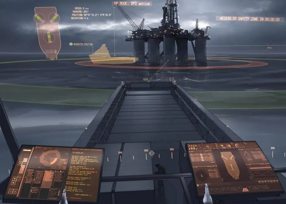 The windows of the bridge serve as augmented reality displays of the vessel’s surroundings