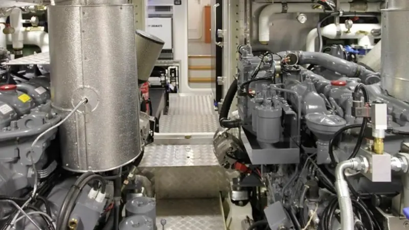 The vessel is powered by two MAN D 2866 190 kW continuous power 250 hp diesels
