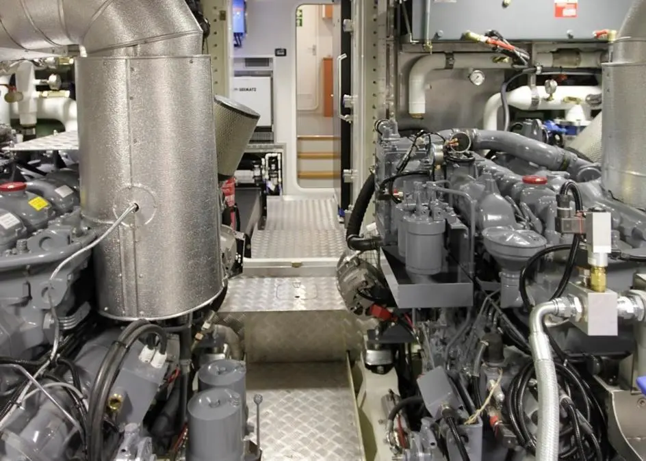 The vessel is powered by two MAN D 2866 190 kW continuous power 250 hp diesels