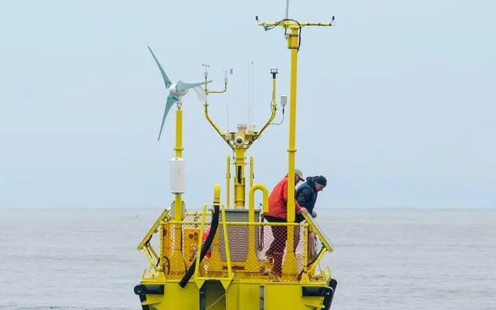 The Ocean Sentinel deployed off the Oregon Coast, one of the nation's first wave energy testing devices Photo: Pat Kight/Oregon Sea Grant