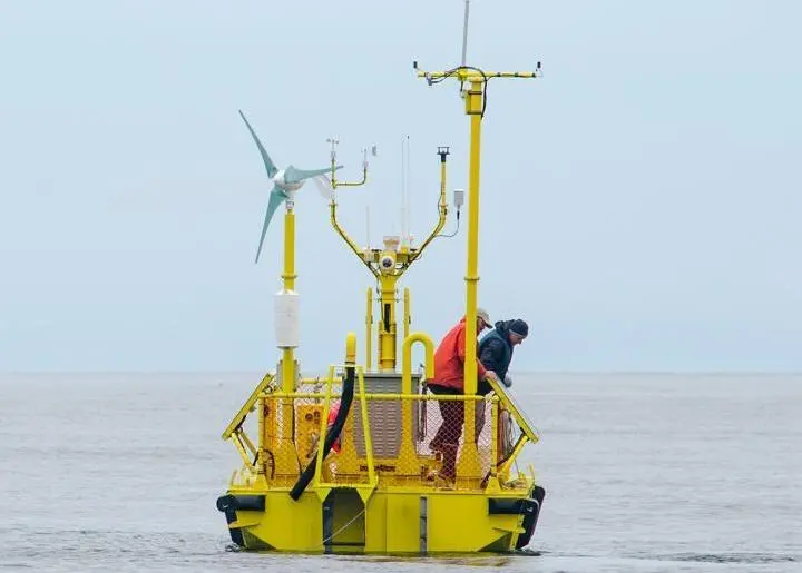 The Ocean Sentinel deployed off the Oregon Coast, one of the nation's first wave energy testing devices Photo: Pat Kight/Oregon Sea Grant