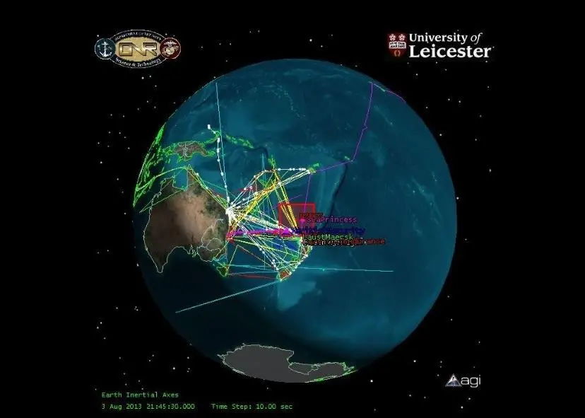 A satellite image of vessel tracks from the research
