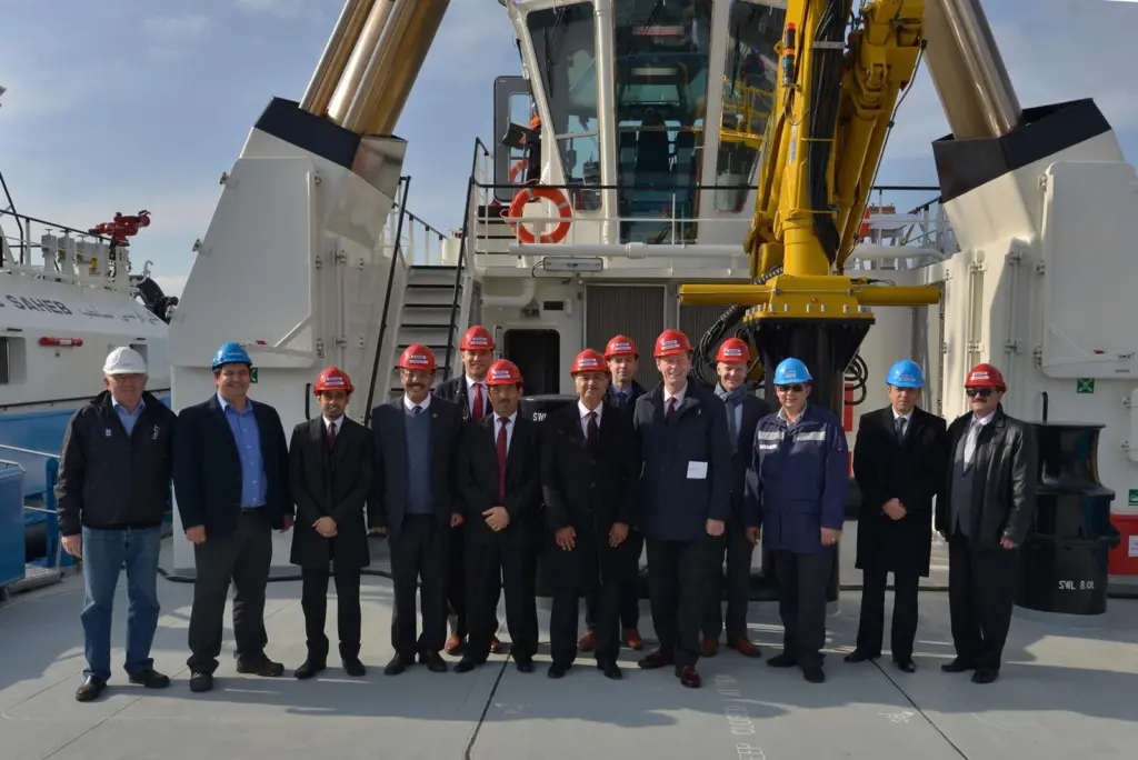 Guests line up for a photo-call at the naming of 'KOC Shahem' (Damen)