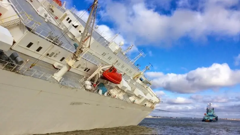 The ship's list presented challenging conditions for the salvage workers