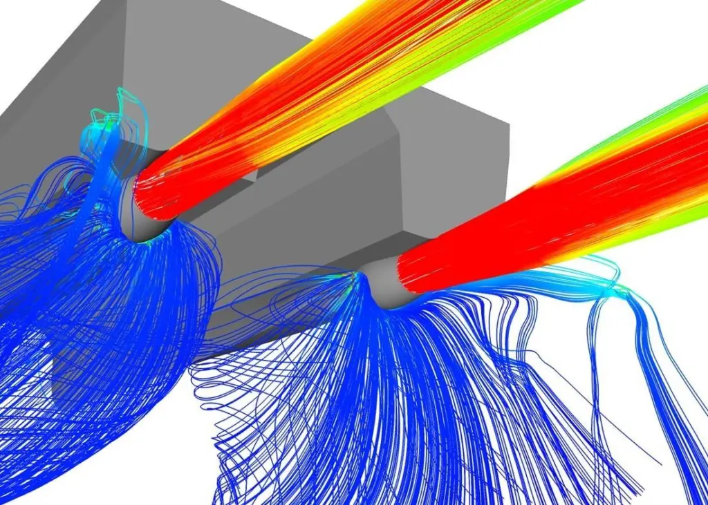 Computational Fluid Dynamics showing the VLJ in static bollard pull condition. Red shows positive pressures (thrust) and blue shows