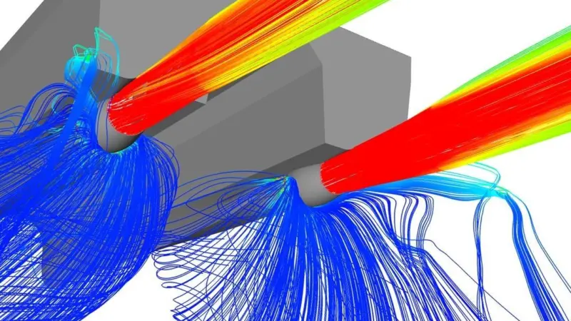 Computational Fluid Dynamics showing the VLJ in static bollard pull condition. Red shows positive pressures (thrust) and blue shows