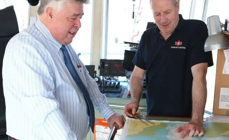 SMS Towage’s Captain John Pinder, right, with Hugh Patience, SMS’s marine manager and assessor