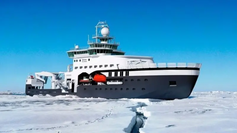 Artist impression of Kronprins Haakon, the Norwegian Polar Institute’s new 100-metre research vessel.  Currently being completed by Italian shipbuilder Fincantieri and capable of accommodating over 50 personnel, it is due to begin service in 2017