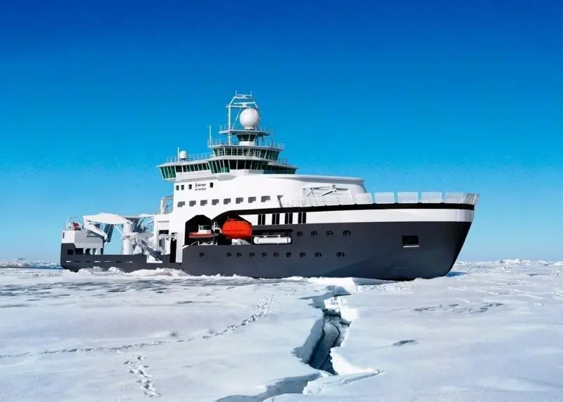 Artist impression of Kronprins Haakon, the Norwegian Polar Institute’s new 100-metre research vessel.  Currently being completed by Italian shipbuilder Fincantieri and capable of accommodating over 50 personnel, it is due to begin service in 2017