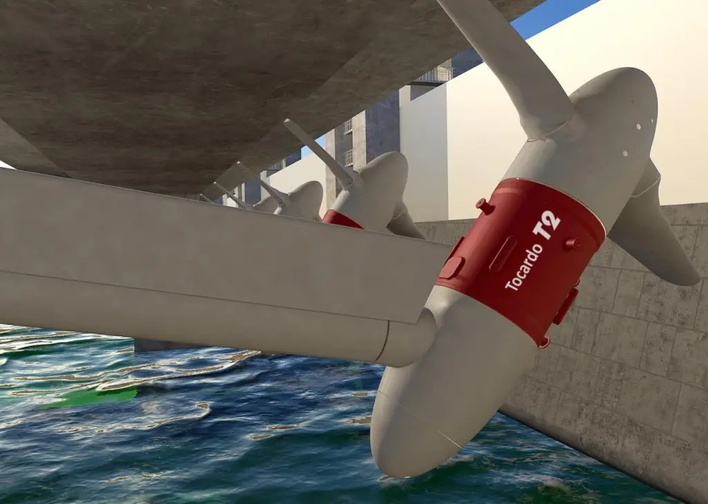 The twin bladed propeller is shaped to a patented design that allows it to operate efficiently in the flow from either direction