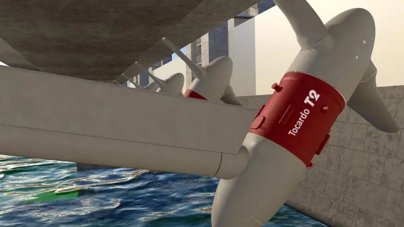 The twin bladed propeller is shaped to a patented design that allows it to operate efficiently in the flow from either direction