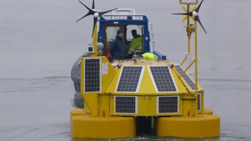 This LIDAR buoy has four individual floats attached to the corners of the skeleton structure that provide the buoyancy and help to ensure good stability in rough seas
