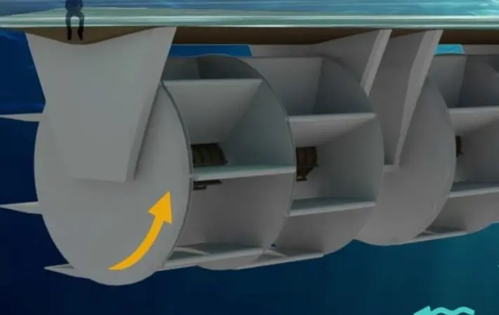 Atlantisstrom's concept is an array of self-feathering paddlewheels