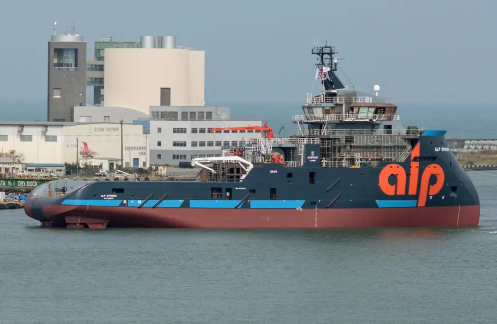 'ALP Striker' takes to the water displaying its distinctive Ulstein X-BOW (ALP Maritime Services)