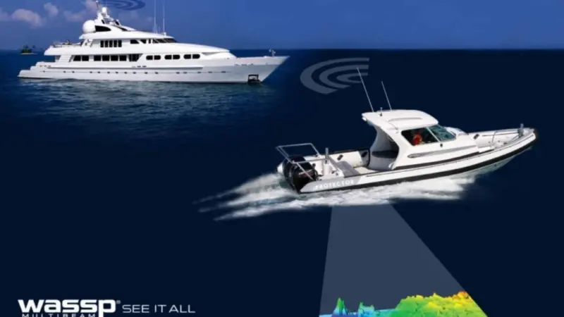 In the WASSP system the tender is fitted with a sophisticated multi-beam sounder system that can generate a 3-D picture of the sea bottom