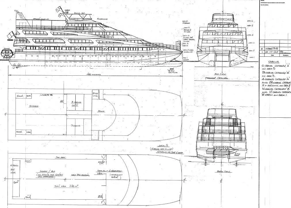 The hull is shallow draft with only 2.56 metres over the propellers and if waterjets are fitted only 1.56 metres draft