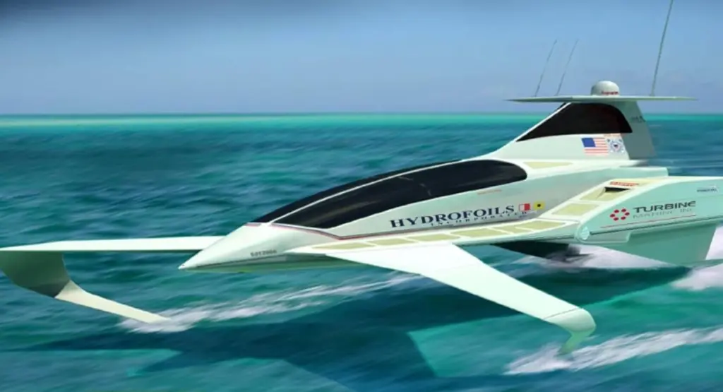The main cabin rides above the water and is not subject to wave impact and drag,