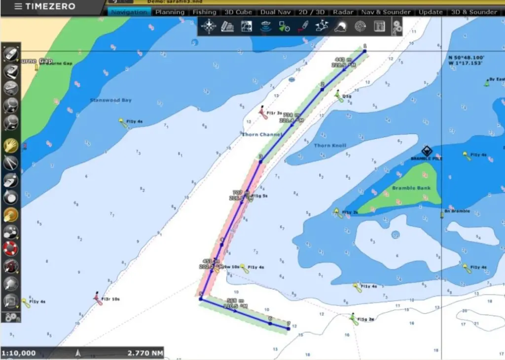 Here the route shows red shading where it passes close to shallow water