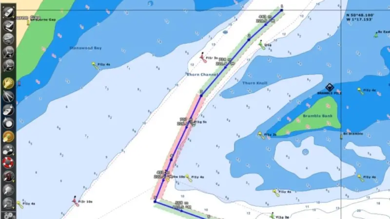 Here the route shows red shading where it passes close to shallow water