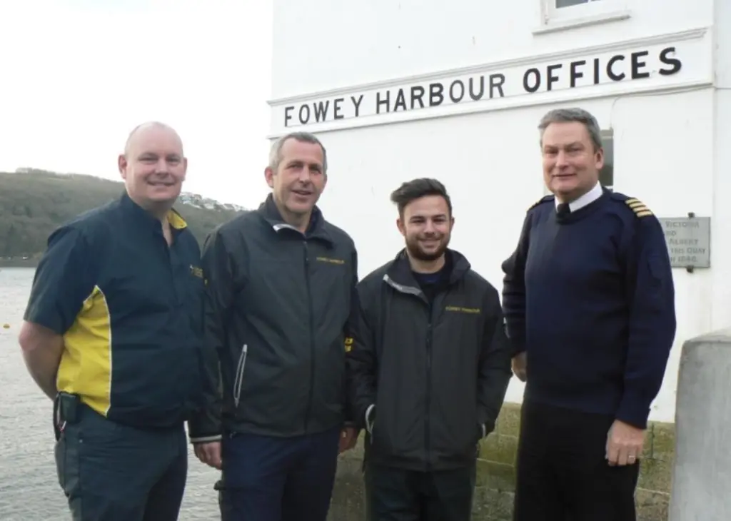 L-R: Simon Blench (Cornwall Training and Consultancy), Jonathan Pritchard (assistant harbour master), Daniel Jane (apprentice) and Captain Paul Thomas (harbour master)