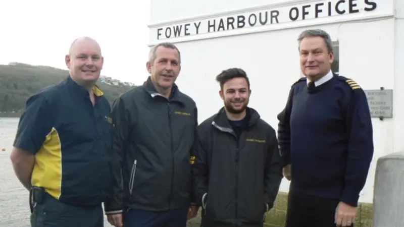 L-R: Simon Blench (Cornwall Training and Consultancy), Jonathan Pritchard (assistant harbour master), Daniel Jane (apprentice) and Captain Paul Thomas (harbour master)