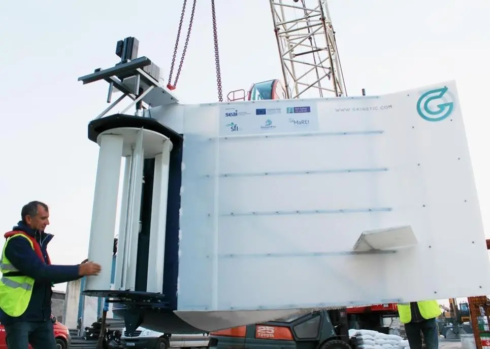 The design features two vertical axis water turbines (VAWTs), which are placed on either side of a patented flow-accelerating body