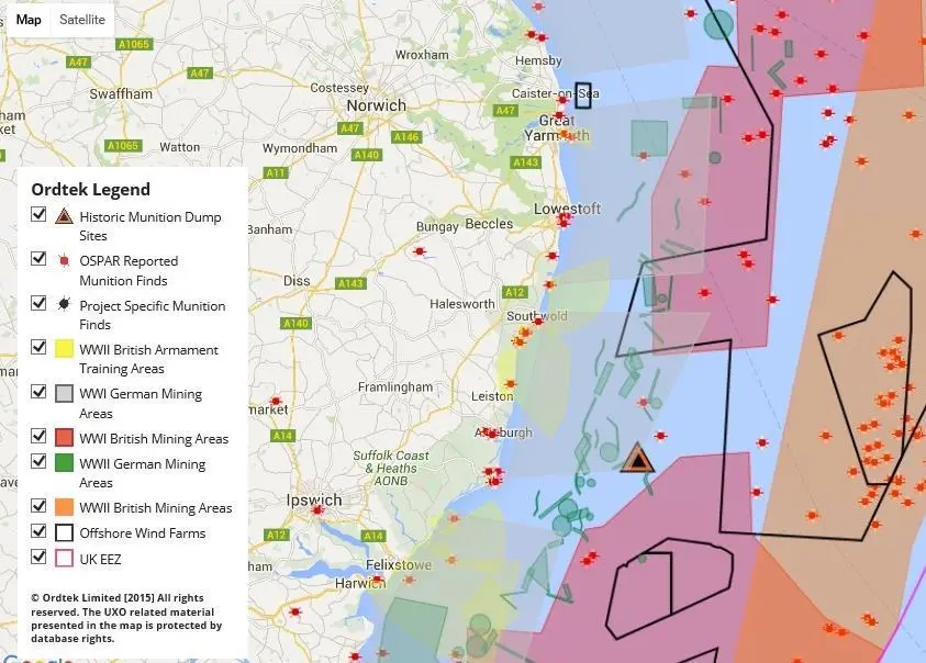 The sea off East Anglia saw heavy military wartime activity and was a prime area for dumping unused munitions