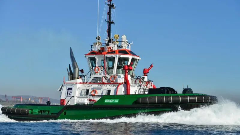 Port of Fujairah's new tug showing both its as built and actual names (Sanmar)