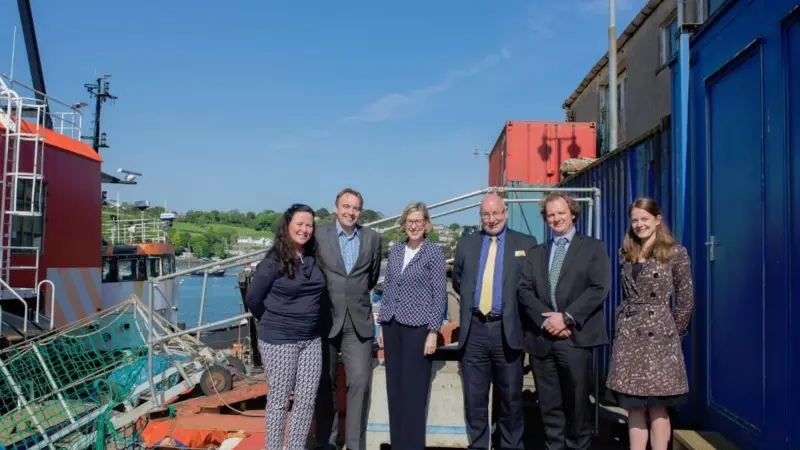 Alex Lake (CMN), Mark Williams (Falmouth Town Council), Sarah Newton (MP for Truro and Falmouth) and Paul Wickes (CMN) celebrate with Diccon Rogers and Anne van Houten (KML) the purchase of Falmouth Wharves by KML