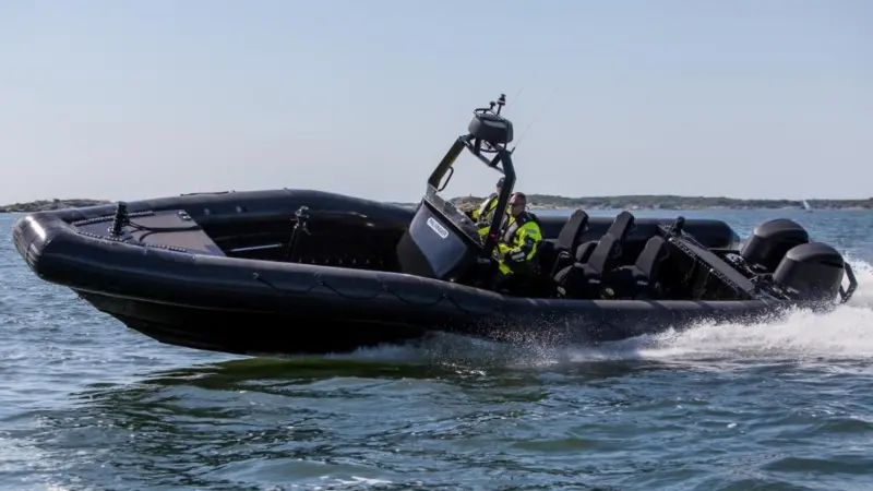 The standard propulsion is a pair of 250hp outboards giving a top speed of around 45 knots