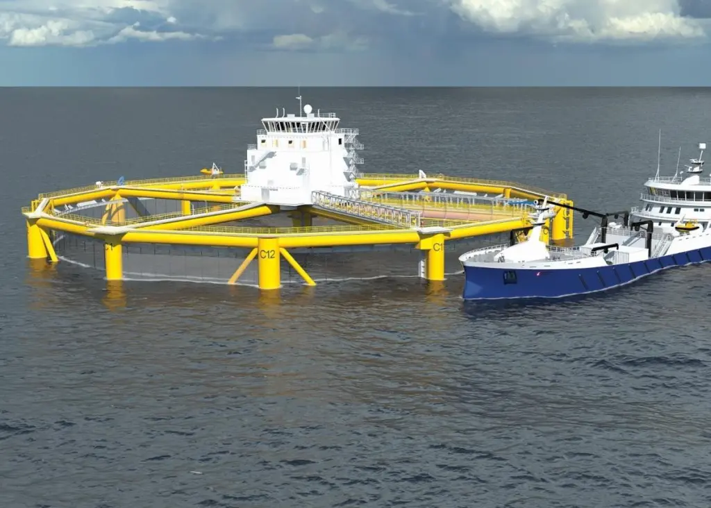 The structure includes living accommodation for the crew with ships supplying feed and other requirements
