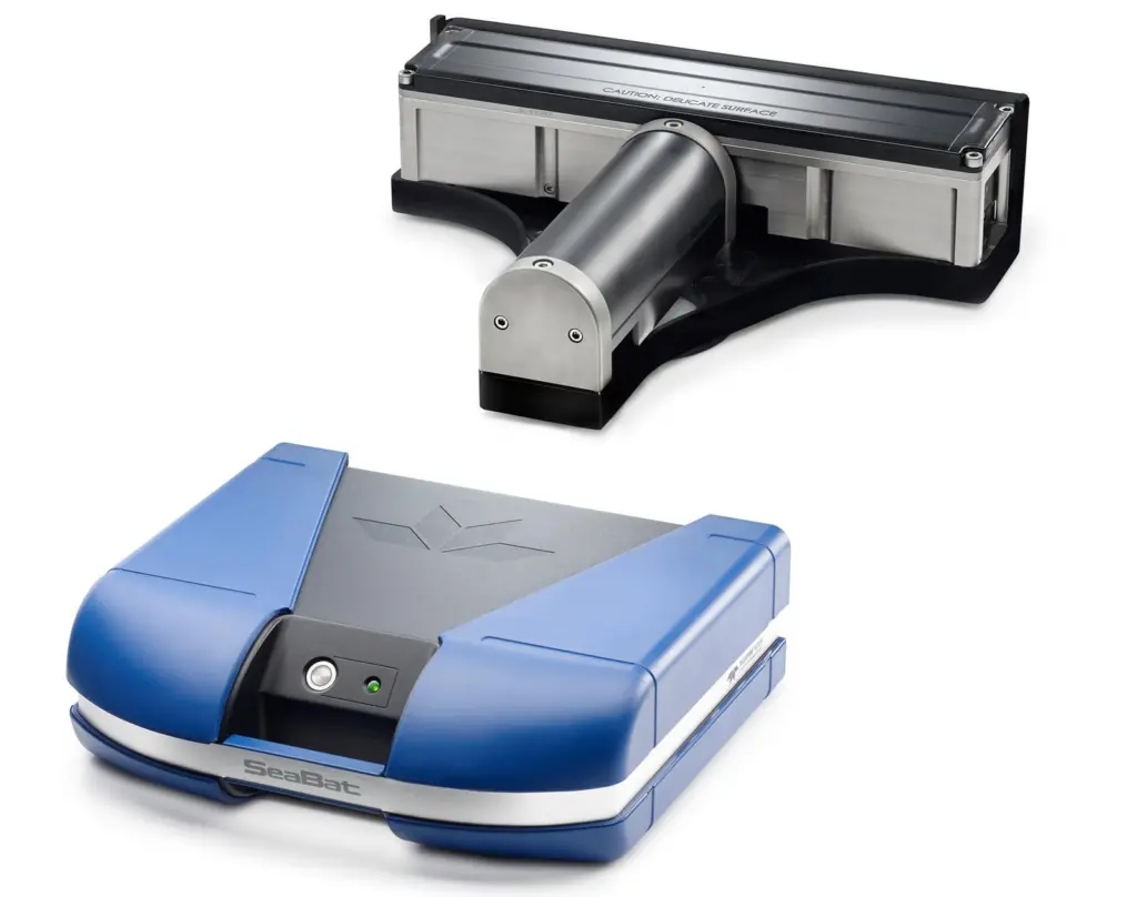 Typical components for one of Teledyne Reson’s new T series of Seabat multibeam sonars designed for operation on small survey platforms and larger vessels