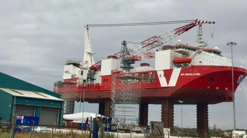 One of the leg extensions being lifted in place for installation at MPI’s Tees Offshore Base