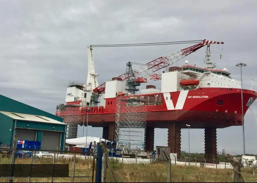 One of the leg extensions being lifted in place for installation at MPI’s Tees Offshore Base