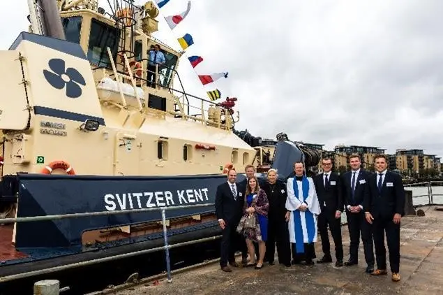 Guests including 'Svitzer Kent's' godmother at the tug's naming at Greenwich (Svitzer)