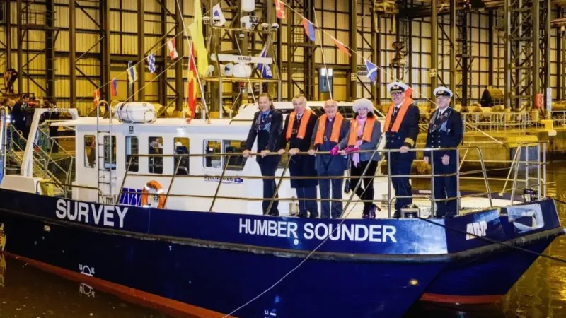 ABP officials and guests preside over naming of the organisation’s new £500,000 survey catamaran for the Humber region