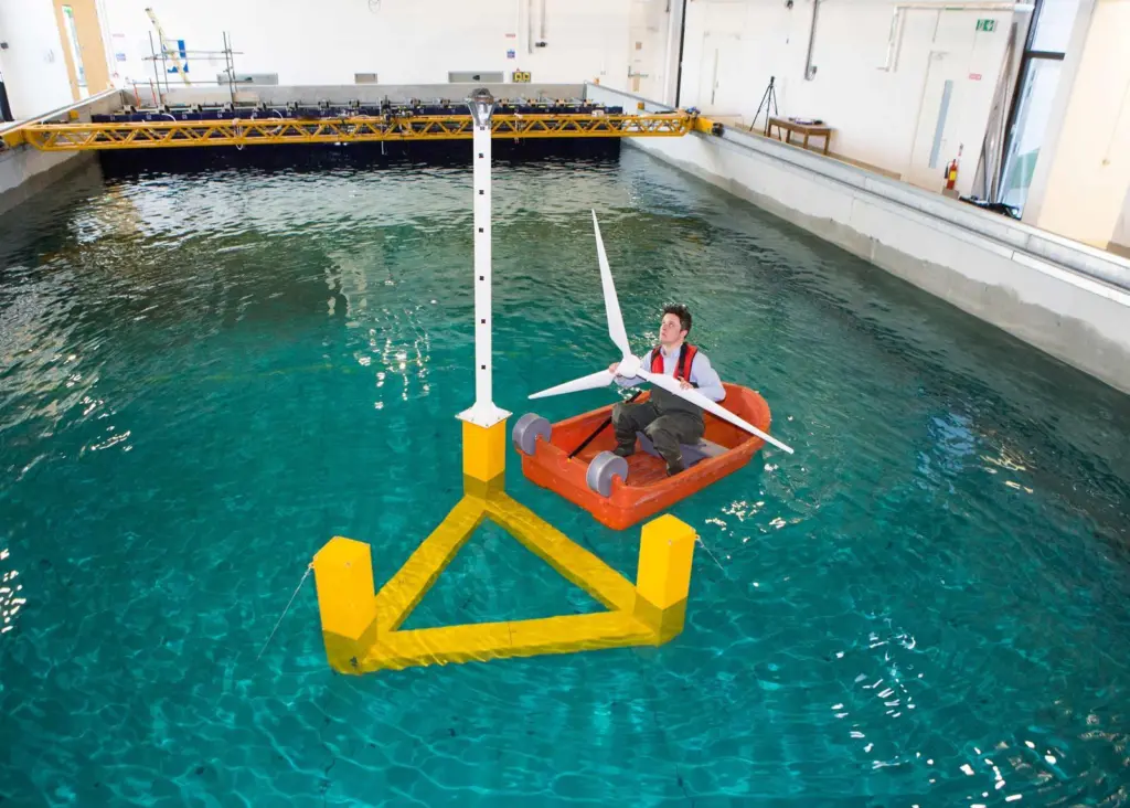A scaled version of the floating wind turbine was demonstrated for delegates in the wave tank of the Lir National Ocean Test Facility