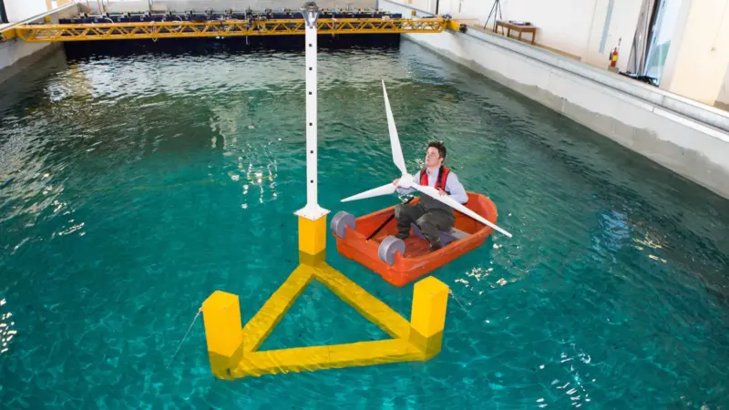A scaled version of the floating wind turbine was demonstrated for delegates in the wave tank of the Lir National Ocean Test Facility