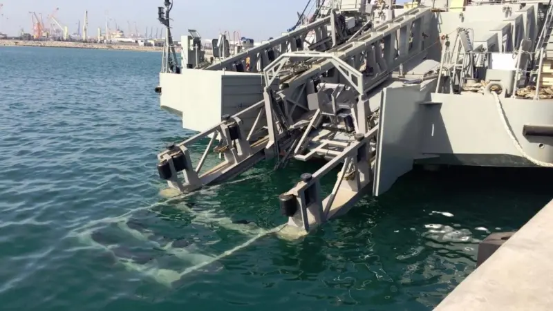 The starboard LARS in its deployment position