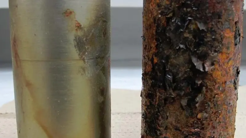 Coated pieces after 600 hours in ASTM B-117 salt fog testing; VpCI®-368 on the left, black paint on the righ