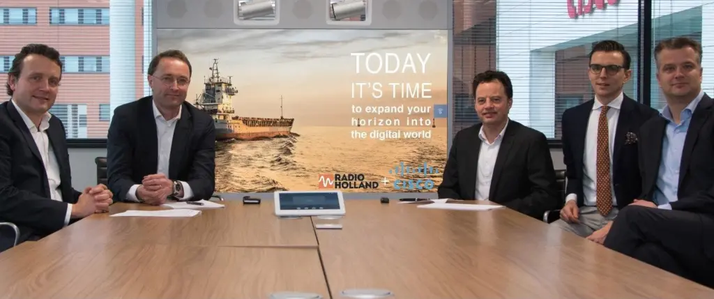 From left Edwin Prinsen (Cisco Netherlands), Dennis Mol (Radio Holland Group), Gert Kaijen (Radio Holland Group), Harald de Wilde (Cisco Netherlands) and Daan de Groot (Cisco Netherlands)