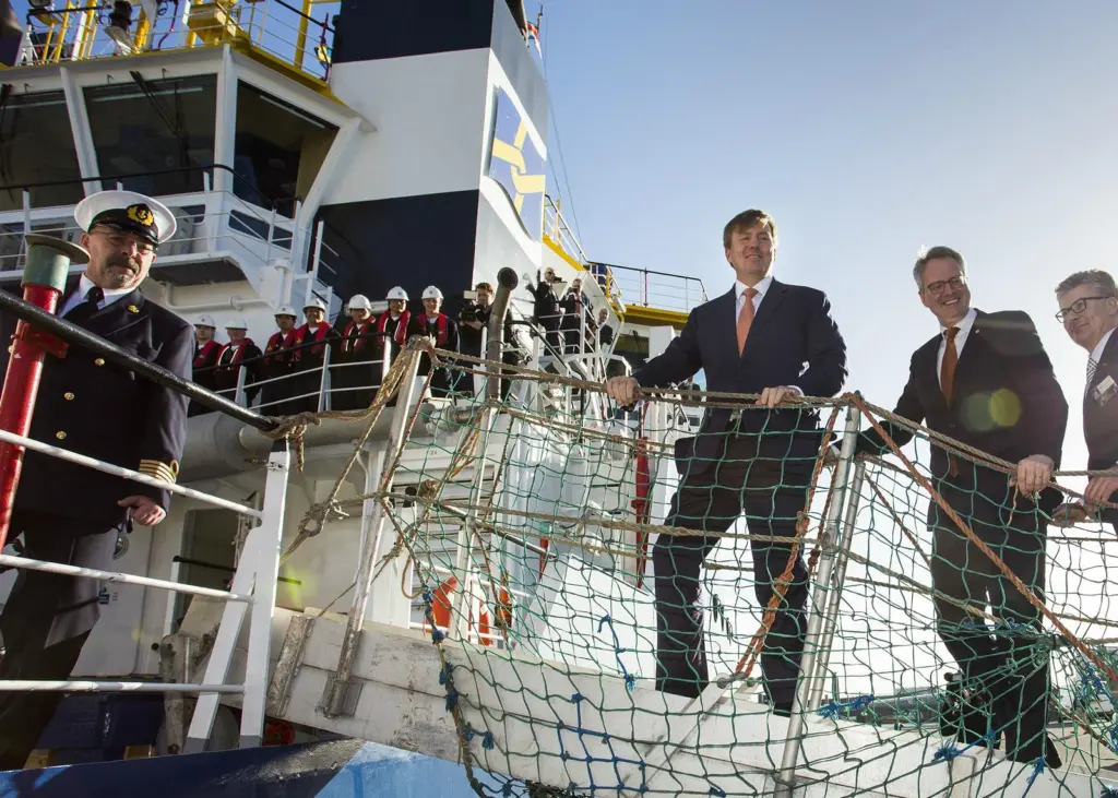 His Majesty King Willem-Alexander of the Netherlands is pictured being welcomed on board Multraship’s Emergency Towage Vessel ‘Guardian’ Photo: ANP