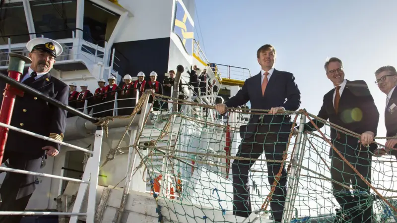 His Majesty King Willem-Alexander of the Netherlands is pictured being welcomed on board Multraship’s Emergency Towage Vessel ‘Guardian’ Photo: ANP