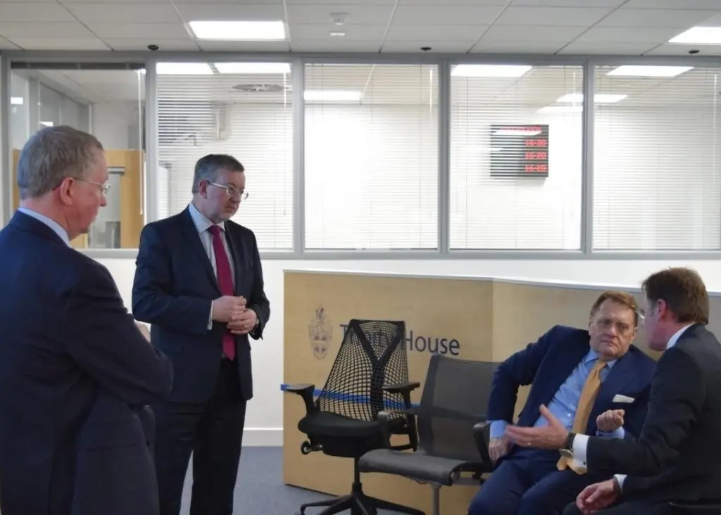 The Rt Hon John Hayes CBE MP in discussion with Trinity House Executive Chairman Captain Ian McNaught MNM and Directors Captain Roger Barker MNM and Commodore Rob Dorey