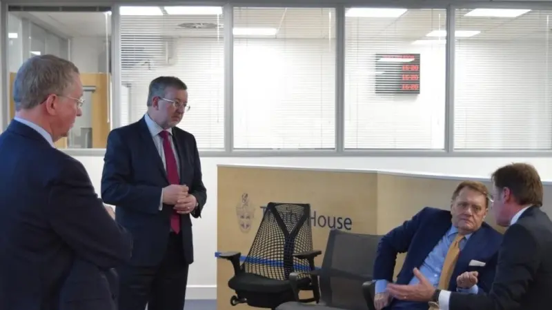 The Rt Hon John Hayes CBE MP in discussion with Trinity House Executive Chairman Captain Ian McNaught MNM and Directors Captain Roger Barker MNM and Commodore Rob Dorey