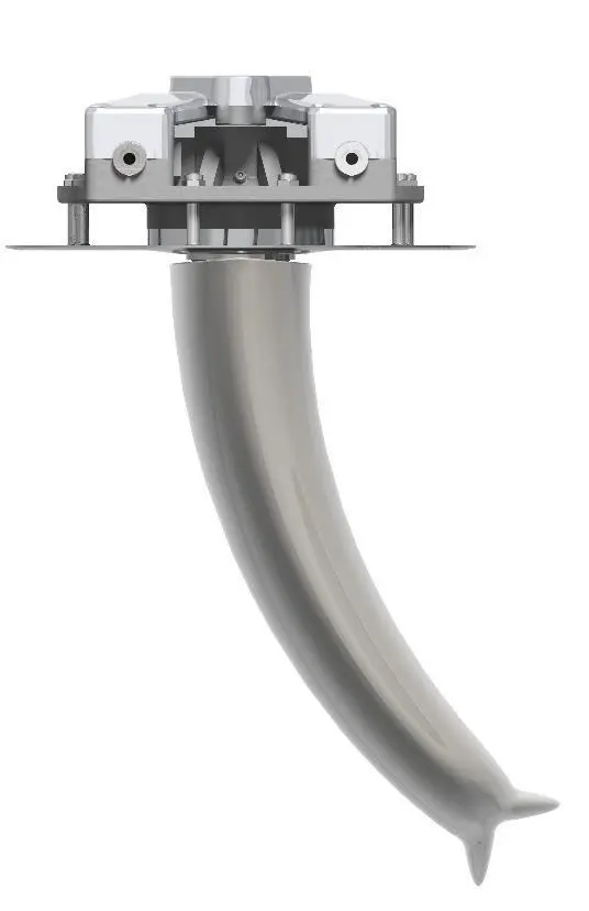View from dead ahead of Side-Power's Vector Fin stabilization system