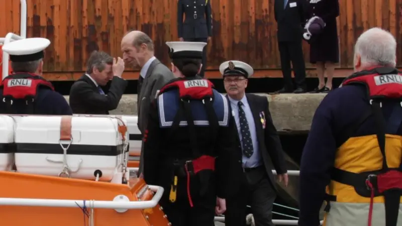 HRH The Duke of Kent boarding the Falmouth Lifeboat at Falmouth Wharves