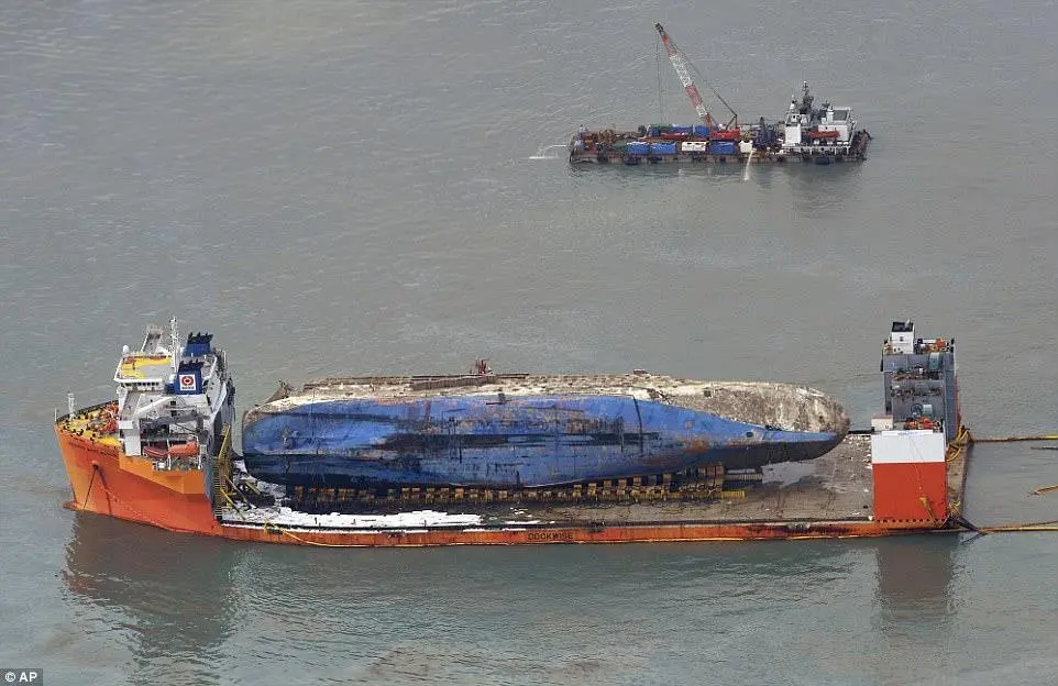 The ferry is shown here safely loaded on board 'White Marlin' (Daily Mail)