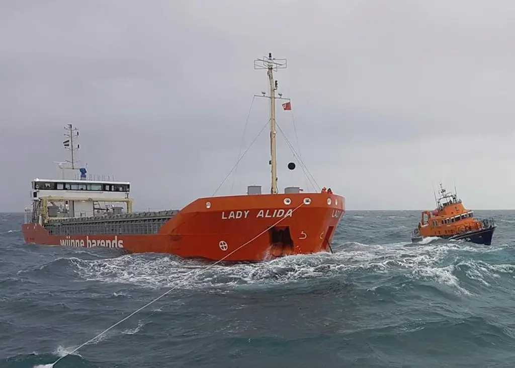 'Lady Alida' and the Penlee lifeboat seen from the Sennen Cove lifeboat (Photo: Penlee lifeboat)